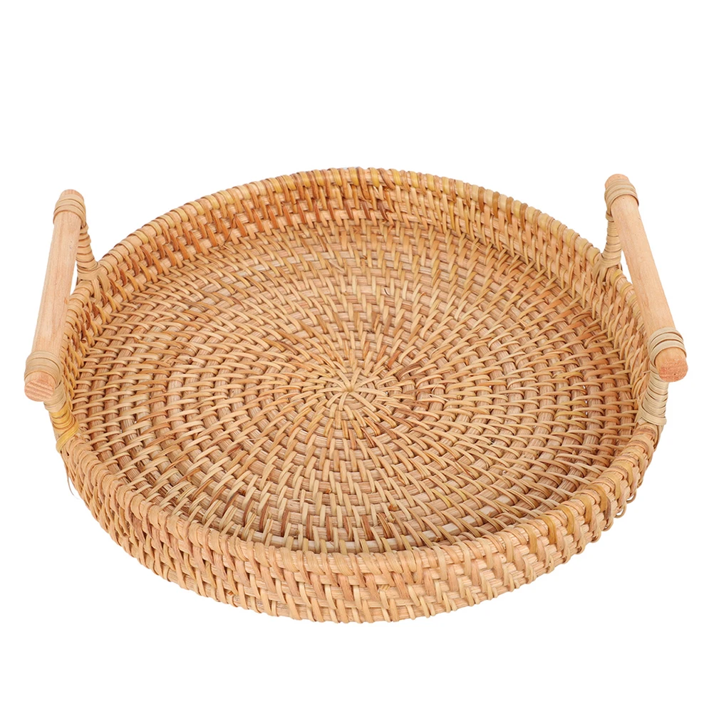 

Handmade Rattan Tray 32cm Round Woven Basket Platter Bread Serving Storage Multifunctional Wicker Serving Tray for Kitchen
