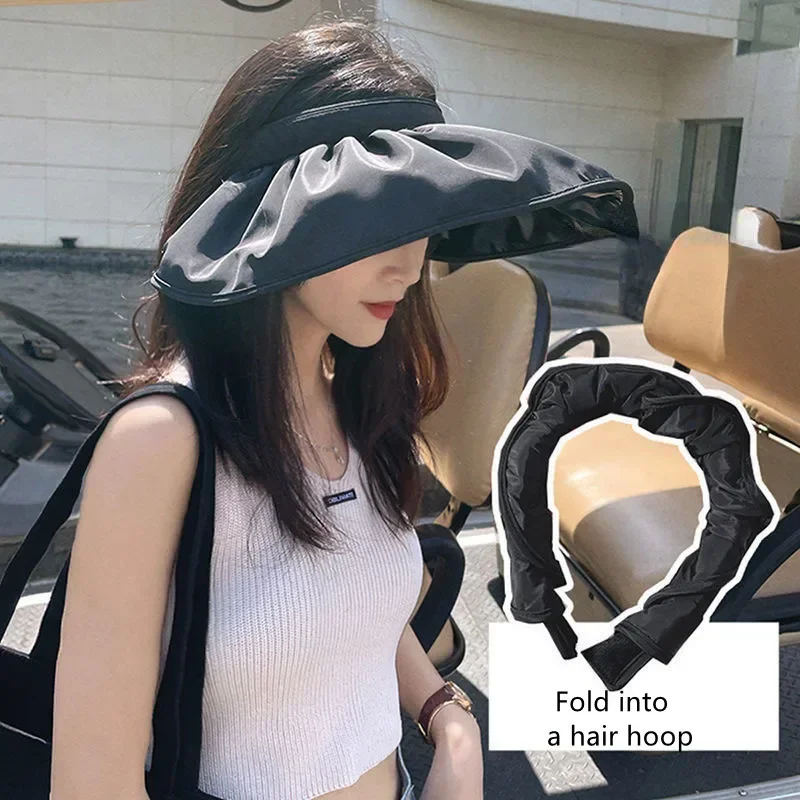 New Large Brim Sun Hats Black Women Glue Sunscreen Sun Protection Caps Fold Portable Hair Hoop Women Hats Caps