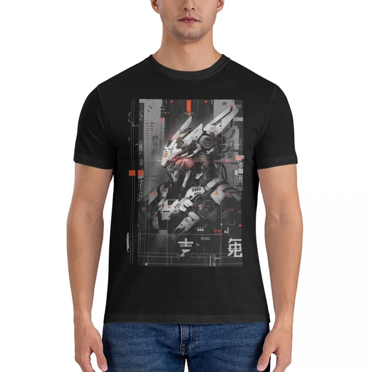 Men's T-Shirt Mecha Glitch Novelty Pure Cotton Tees Short Sleeve Armored Core T Shirt Crewneck Clothing Graphic