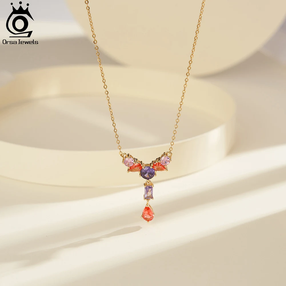 ORSA JEWELS 925 Sterling Silver Y-Shaped 4A Cubic Zirconia Pendant Necklace for Women Handmade Necklace Party Jewelry Gift EQN74