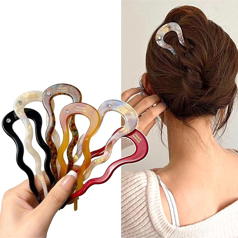 French Twist Hair Stick Hair Clip Acetate Wavy U-Shaped Hairpin Vintage Tortoise Shell Women Hair Bun Pin Headwear Accessories