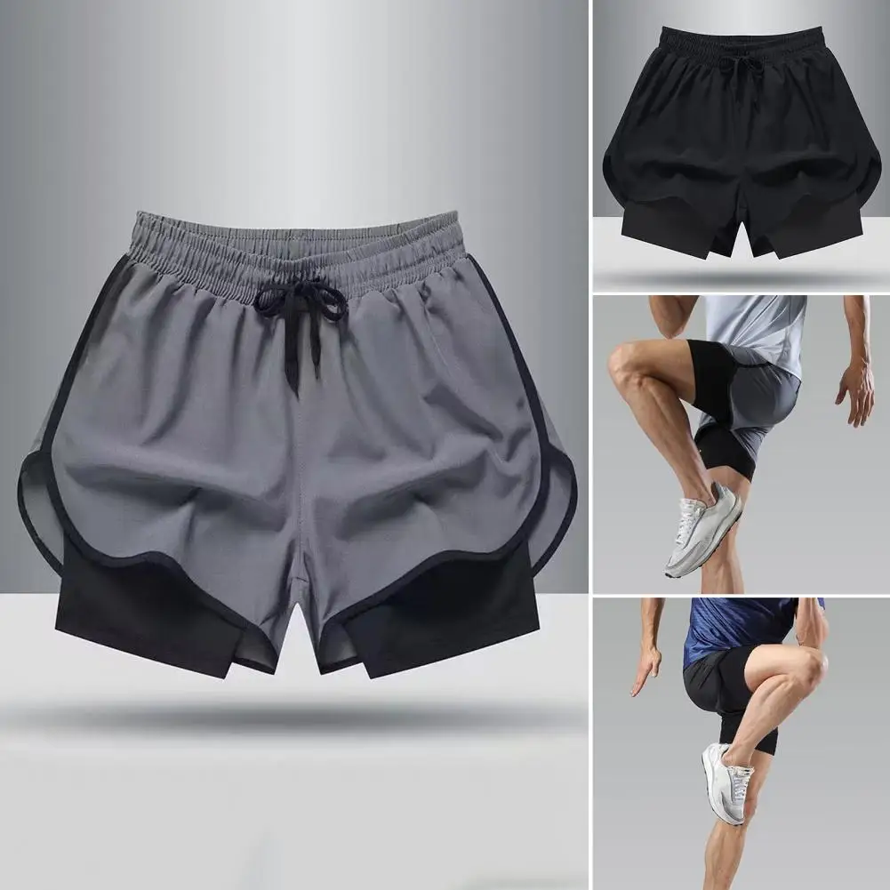 Men Summer Fitness Shorts Elastic Drawstring Waistband Pockets Shorts Fake Two Pieces Quick-drying Sports Shorts  Leisurewear