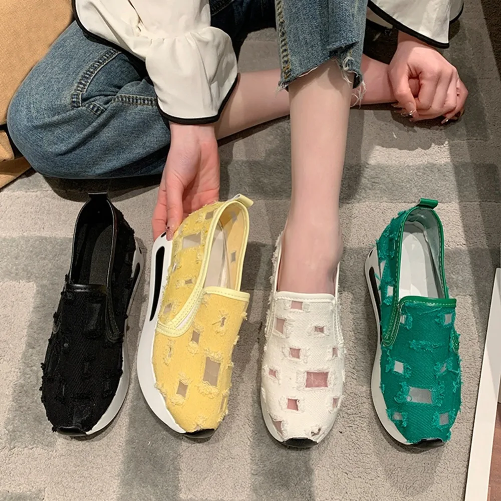 Women Distressed Hole Canvas Platform Sneakers Slip on Hidden Wedge Heel Hollow Out Casual Walking Shoes Ladies Height Increasin