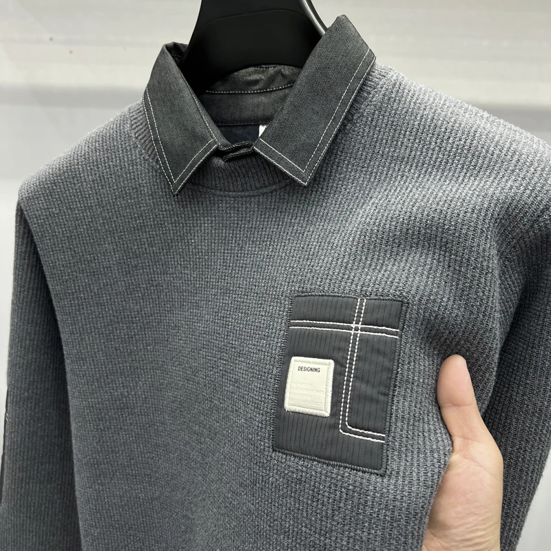 2025 Maglione da uomo invernale nuovo in pile intero finto in due pezzi moda casual lavorato a maglia con fondo in pile spesso