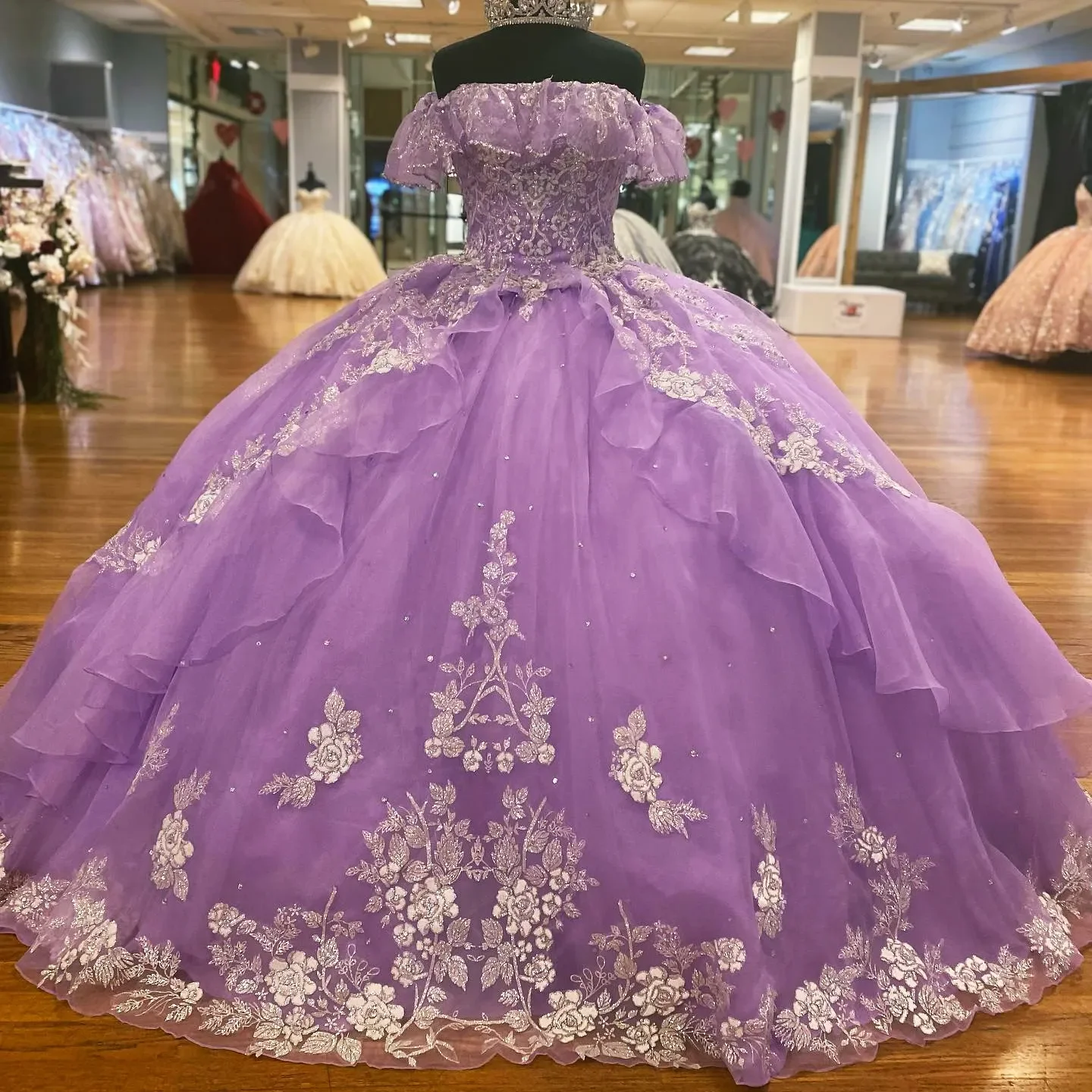 ANGELSBRIDEP Glittering Lilac Quinceanera Dresses Luxury Sliver Flower Lace Vestidos De 15 Anos Birthday Party Prom Princess