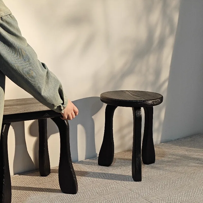 Solid Wood Mid-Century Vanity Stool Light Luxury Makeup Seat for Bedroom Coffee Table Stool