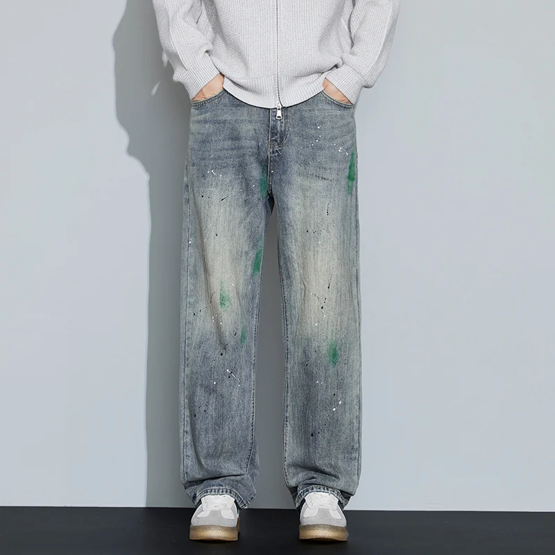 

Retro American Style Men's Jeans Loose Fit Elastic Waist Long Pants Casual Vintage Dyeing Effect Straight Leg Trousers