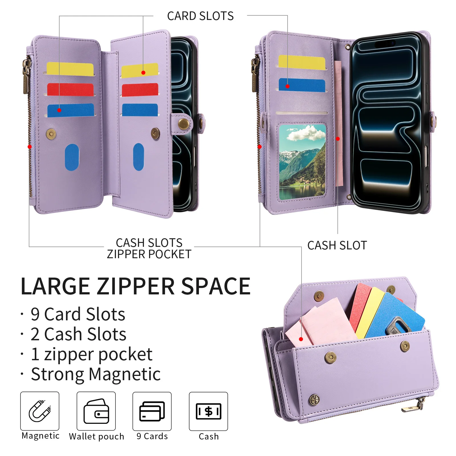 Faux Leather Phone Case for POCO M6 Pro Poco X6 Poco X3 Pro with Multi-Card Slot Kickstand & Built-in Lanyard Wallet Phone Cover view 6