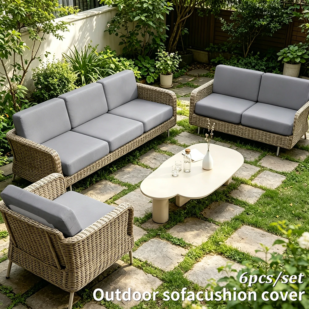 6pcs Patio Sofa Cushion Cover Solid Color Detachable Sofa Cushion Backrest Cover Elastic Garden Chair Cushion Case Home Decor
