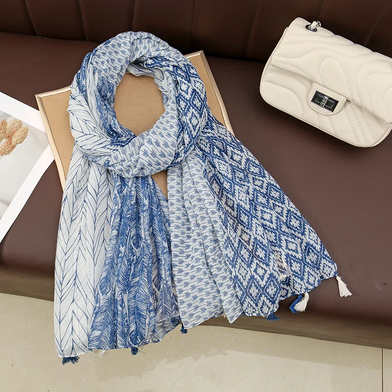 Temperament Women Tassels Scarf Imitation Silk Newest  Geometric Printing of lines Fashion Travel Sunscreen Shawl