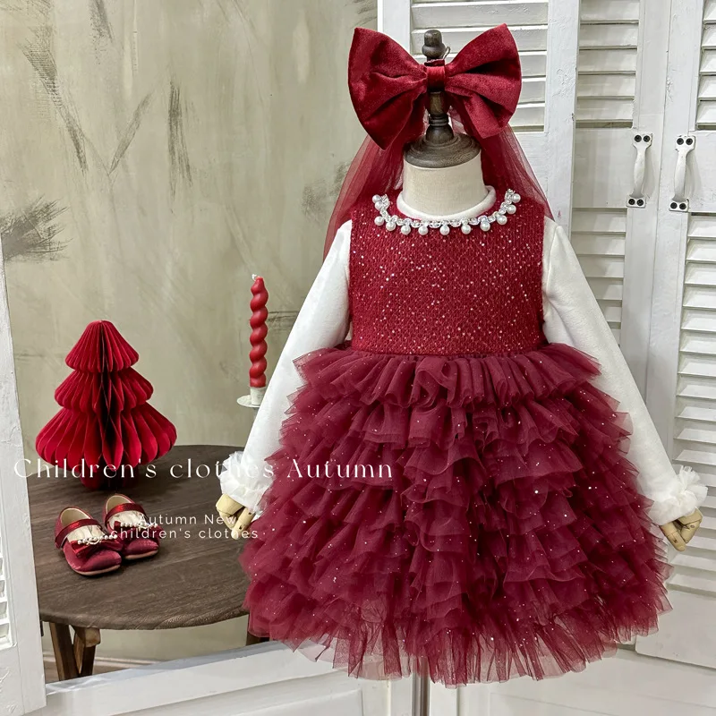 

Girls' Dress2025Fashionable Pearl Red Fleece-Lined Vest and Cake Skirt Two-Piece Set for Winter, First Birthday Outfit