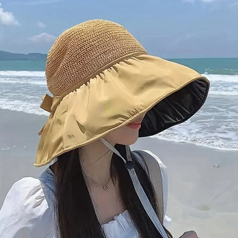 Sun Hat Large Brim Foldable Hollow Breathable UV Protection Bow Tie Decor Women Sunscreen Summer Hat Beach Cap For Outdoor