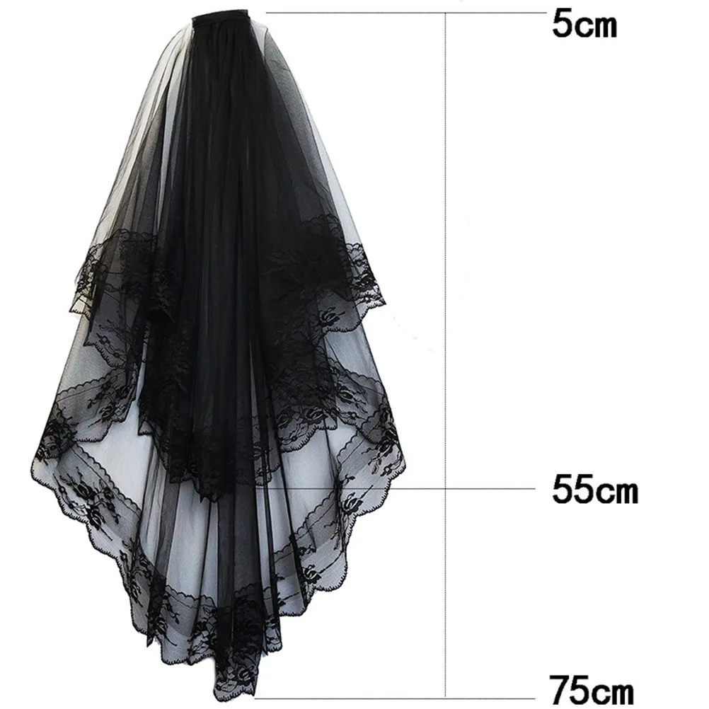 Double Layer Veil com Pente de Cabelo, Black Lace, Wedding Veil, Acessório de Cabelo, Tulle, Sheer, Headwear, Mantilla, 2 Camadas