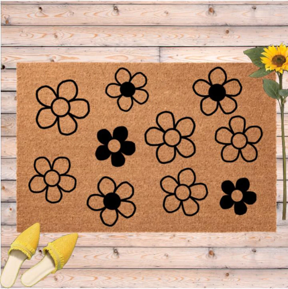 Custom Welcome Coir Doormat All Over Print Personalized Non Slip Entrance Mat Indoor Outdoor Daisy Flower Print Home Decor