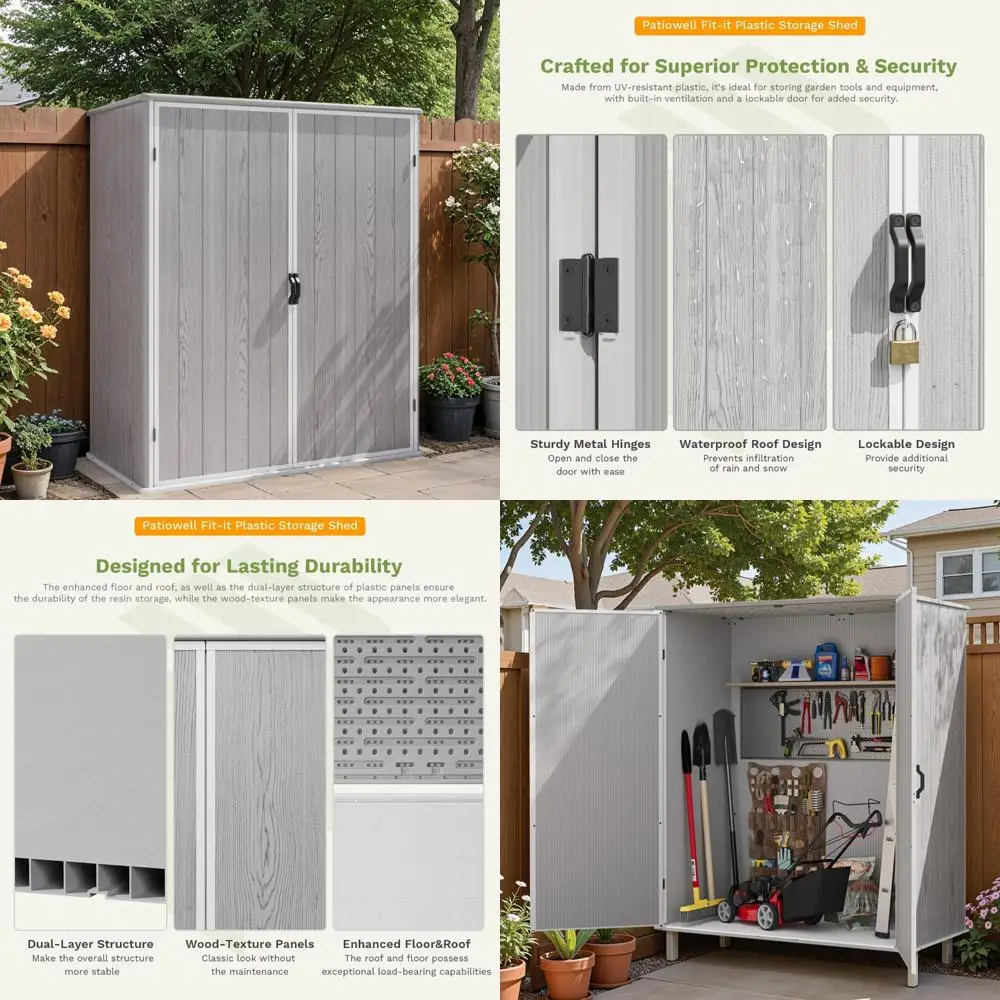 

5x3 Ft Outdoor Storage Shed with Floor and Lockable Plastic Vertical Cabinet for Garden and Pool Storage