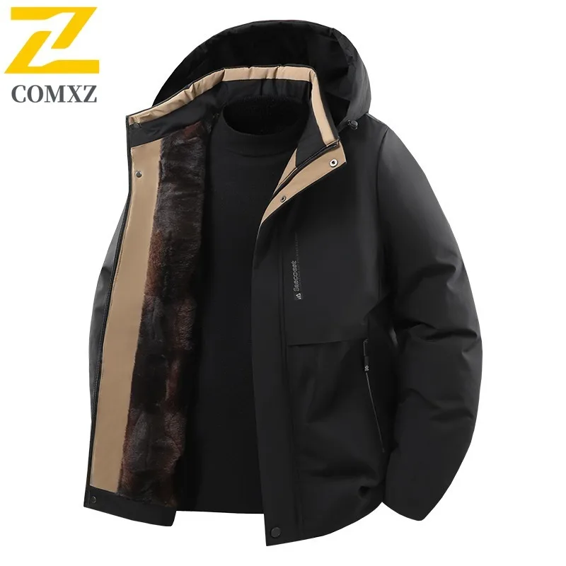 COMXZ 2025 New Men Graphene Warm Padded Middle Aged Dad Wear Detachable Hood Waterproof Windproof Business Leisure Sports Coat