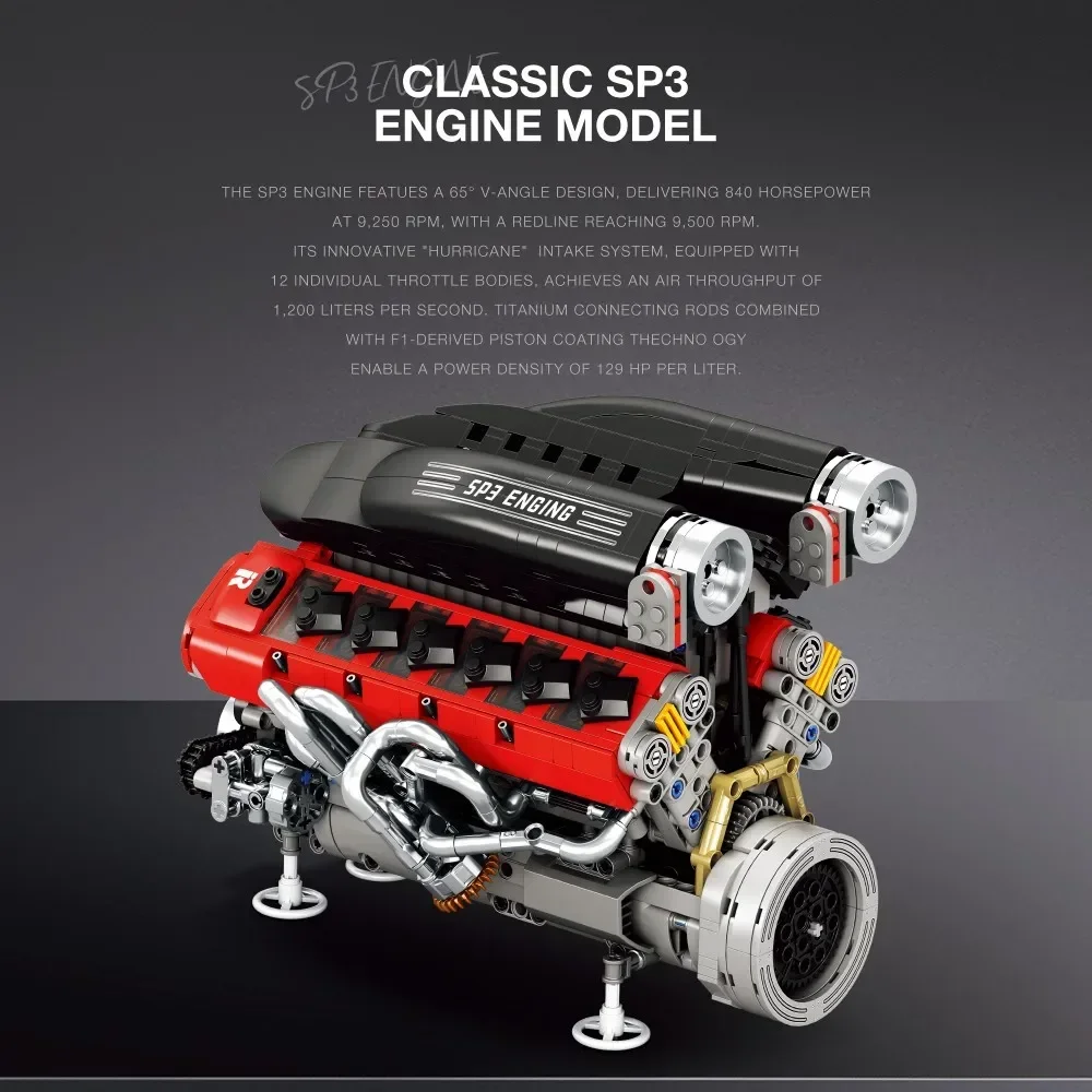 1240PCS Car Engine SP3 Engine 12 Cylinder Internal Combustion Engine Model Technology Bricks Idea Ornaments Kids Toys Gifts view 5