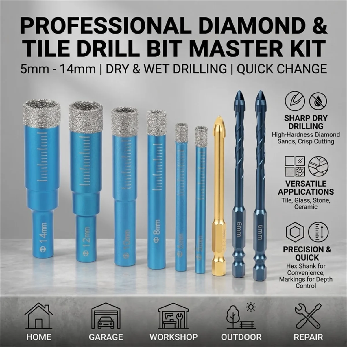 9Pcs 5-14mm Diamond Dry Drill Bit Set Hex Shank Triangle Tile Hole Saw with Depth Scale for Glass Ceramic Stone Wood Drilling