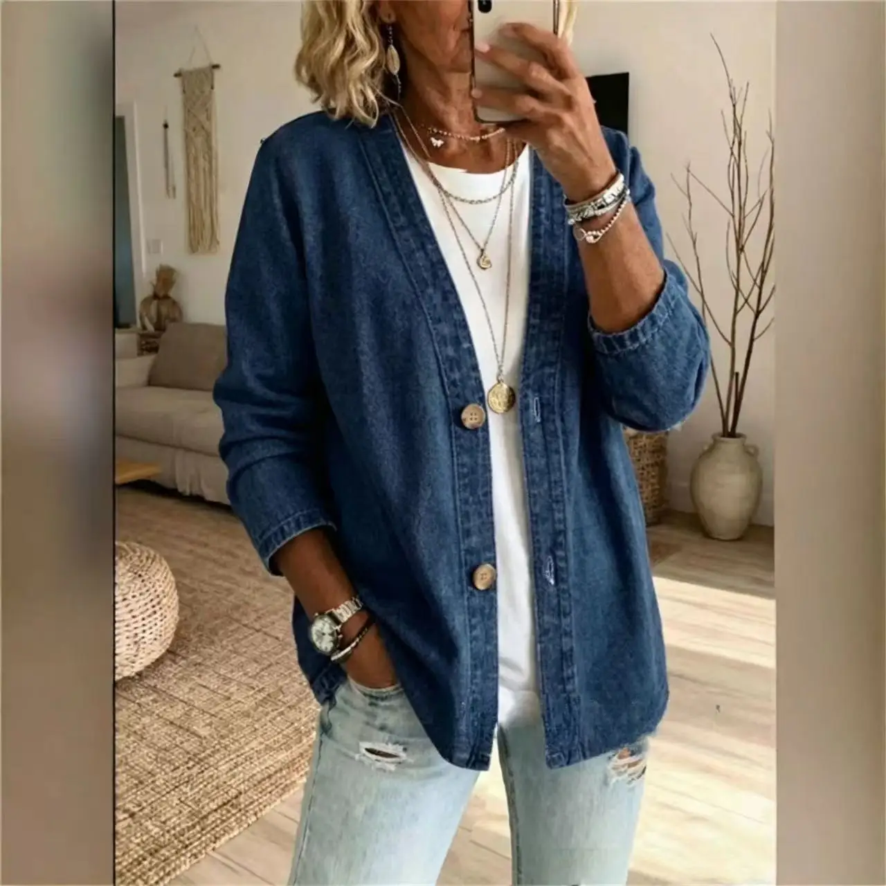 Women Spring Autumn Denim Cardigans Jackets Ladies Long Sleeve Single Breasted Casual Jean Coats