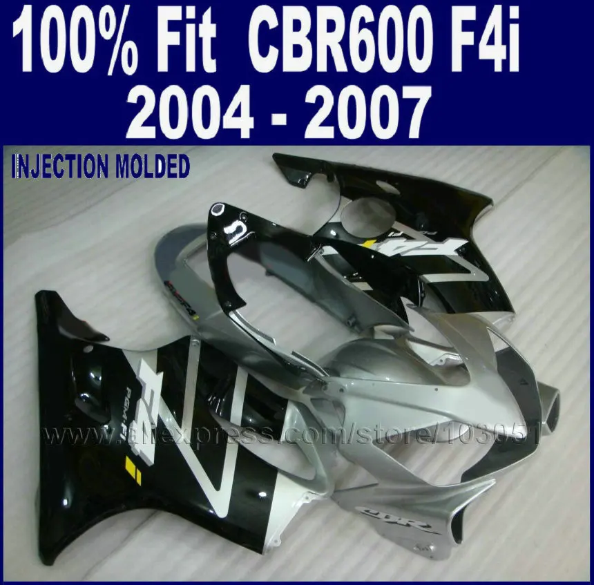 Silver Black Custom Fairing ABS Plastic For Honda 2004 2005 CBR600F4i 2006 2007 Cbr 600 F4i 04 05 06 07  Body Repair Parts