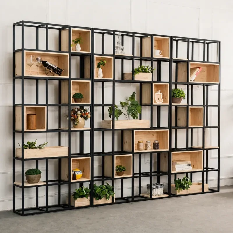 Modern Simple Wrought Iron Partition Rack Living Room Floor Solid Wood Bookshelf Office Industrial Style Multi Layer Display
