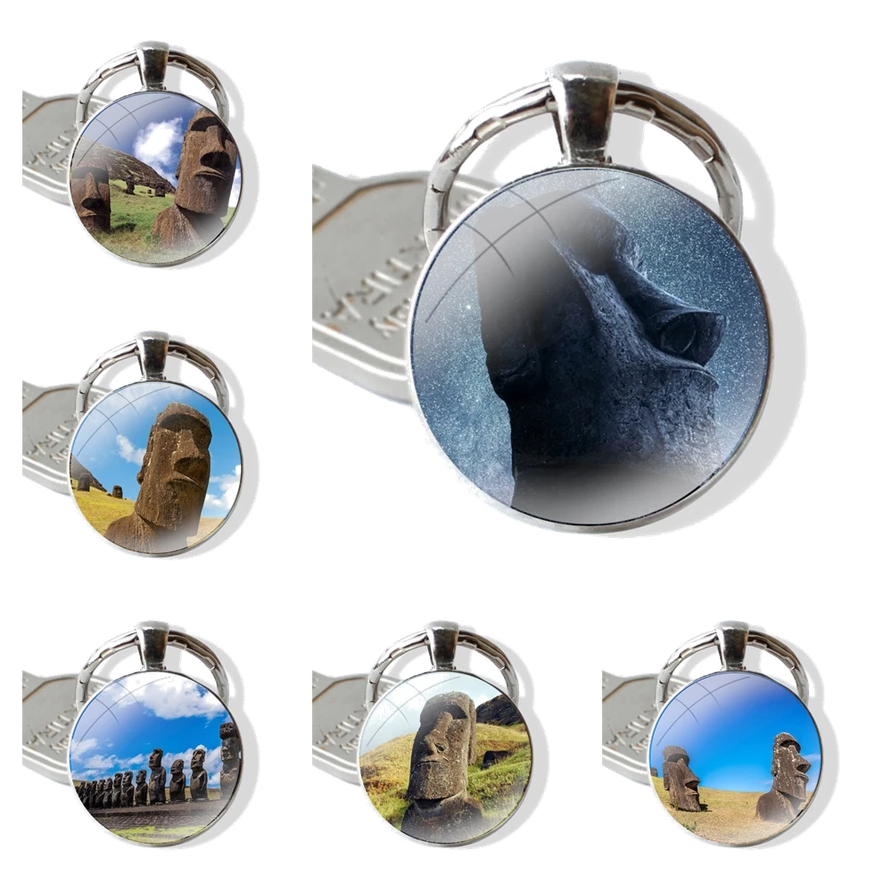 Easter Island moai head Cartoon Fashion Design Creative Keychain Handmade Glass Cabochon Key Ring Holder Pendant Key Chains