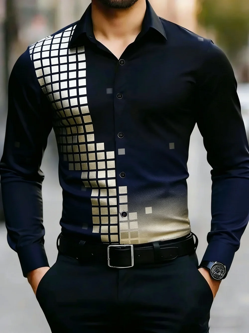 2027 Summer Fashion New long-sleeved Shirt high-definition Line 3D Printing Dark Shirt Casual Business Social men's Clothing