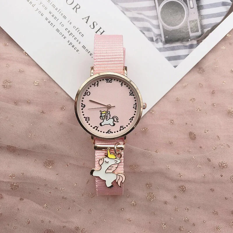 1PC Children Watch Unicorn Flamingo Canvas Strap Dial Quartz Watches Kids Wrist Watches for Boys Girls Xmas Gifts Cartoon Watch