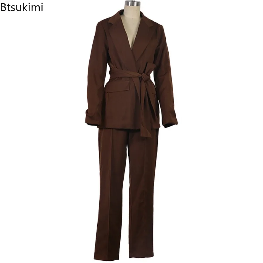 الخريف مكتب سيدة عادية الصلبة كم طويل التلبيب الدانتيل يصل السترة الأعلى والسراويل المستقيمة فضفاضة قطعتين مجموعة النساء الشارع الشهير #5