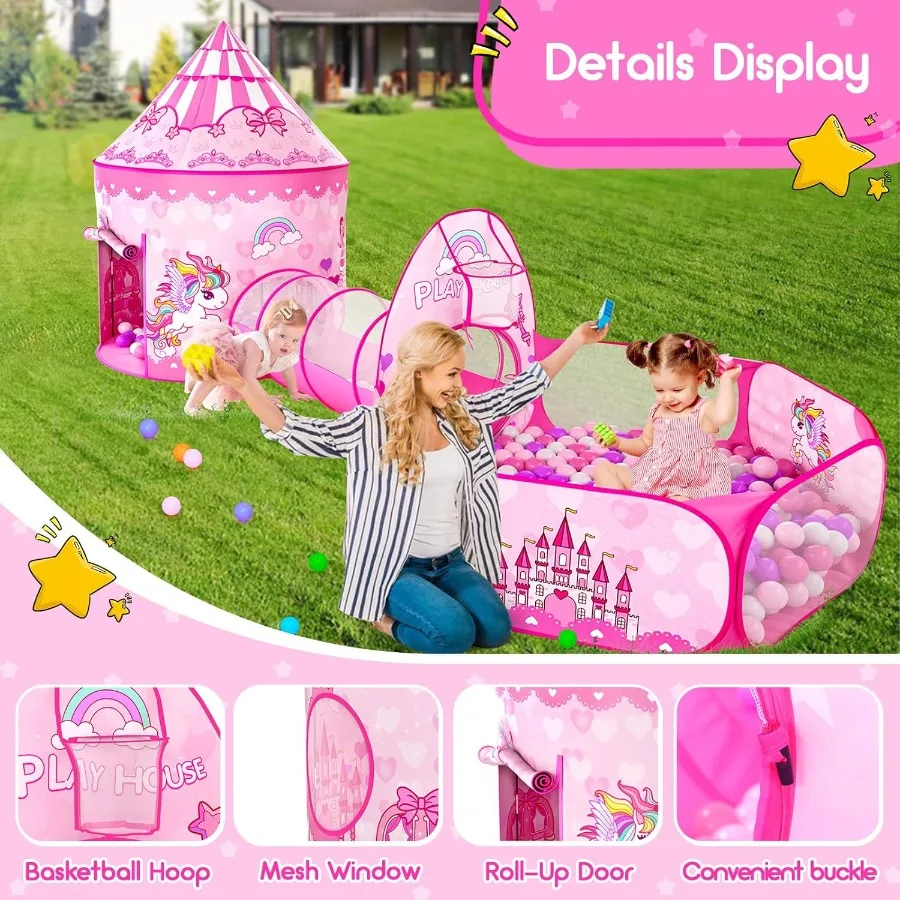 3-teiliges Spielzelt für Mädchen mit Bällebad, Krabbeltunnel, Prinzessinnenzelte für Kleinkinder, Baby Space World, Spielhaus, Spielzeug, 3-teilig, Prinzessin Dre