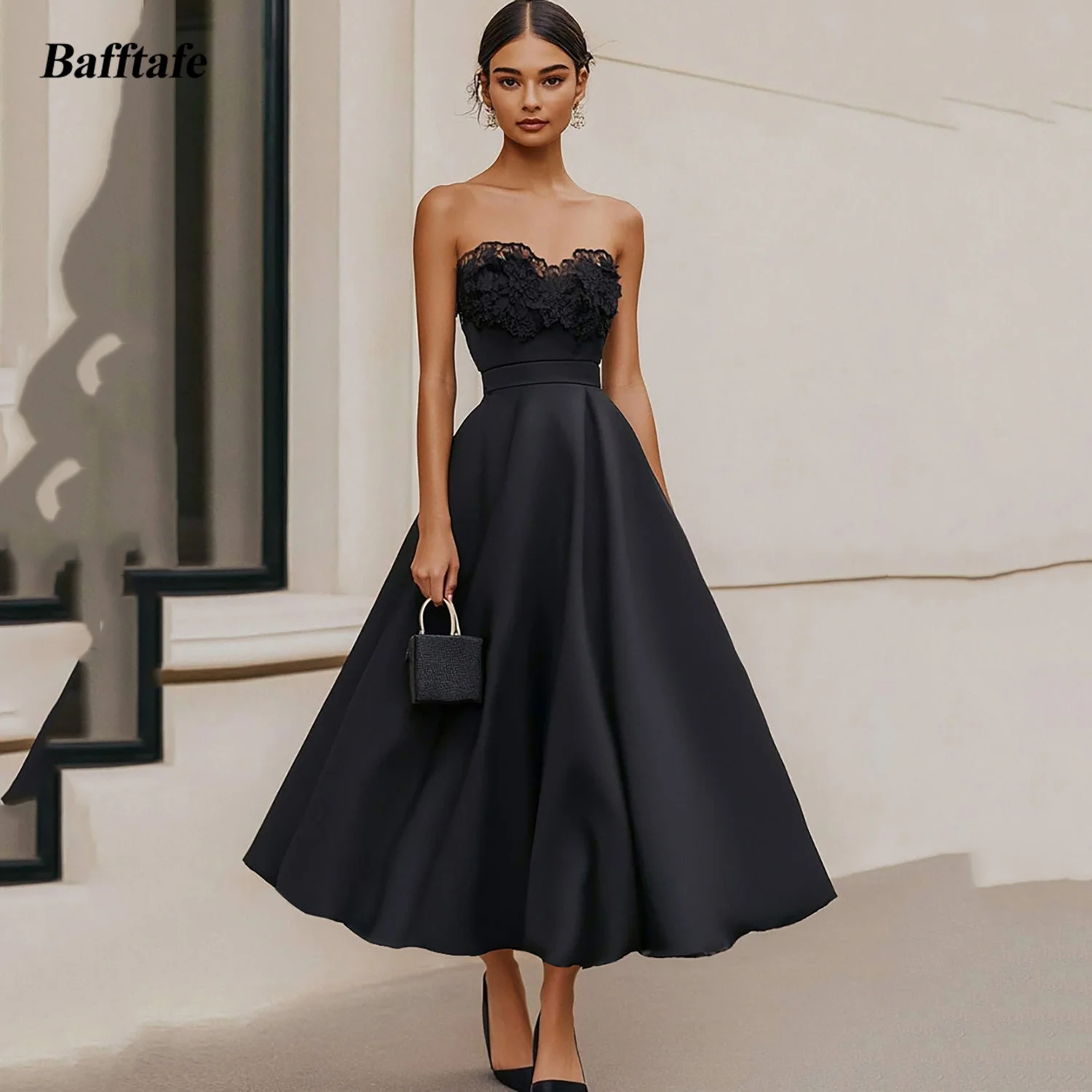 

Bafftafe A Line Midi Индивидуальные платья для выпускного вечера Креповое кружево Саудовская Аравия Вечерние платья для особых случаев Платье подружки невесты 2026