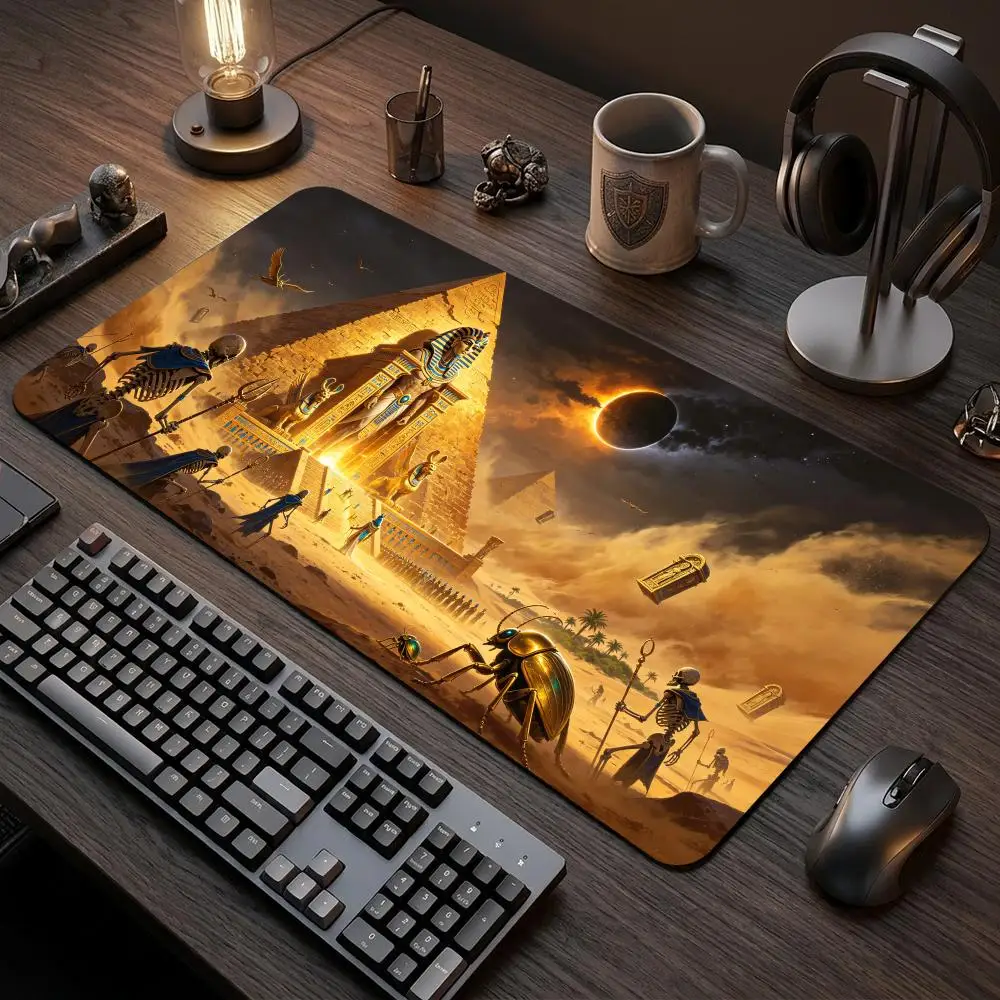 60X35CM Solar Eclipse Ancient Egypt Pyramid Pharaoh Play mat Non-Slip Rubber Base Stitched Edge Large Table Mat for Card Game