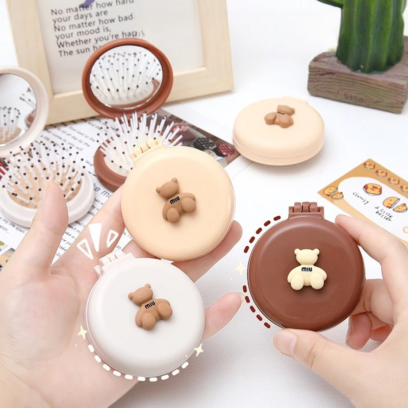 かわいい漫画の折りたたみ式エアバッグコーム、ポータブルミニクッションヘアブラシ、女性用ミラー付き、一体型マッサージコーム、軽量