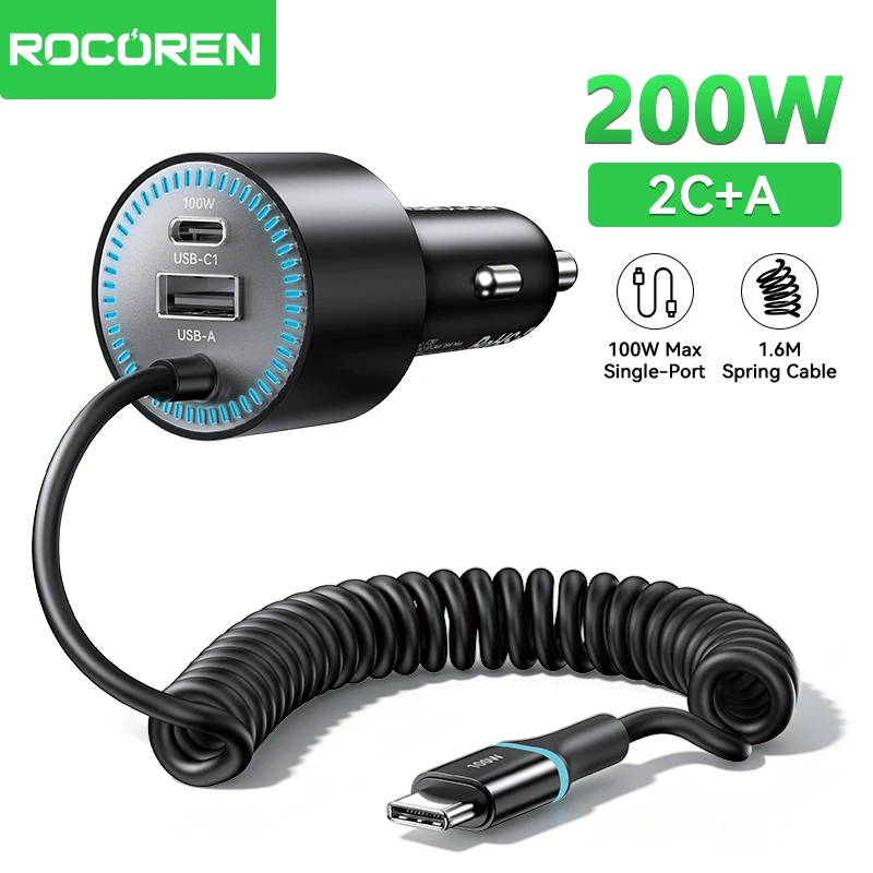Rocoren 200W Car Charger Fast Charge PD100W USB Type C Car Charger With Spring Charging Cable for iPhone MacBook Huawei Laptops