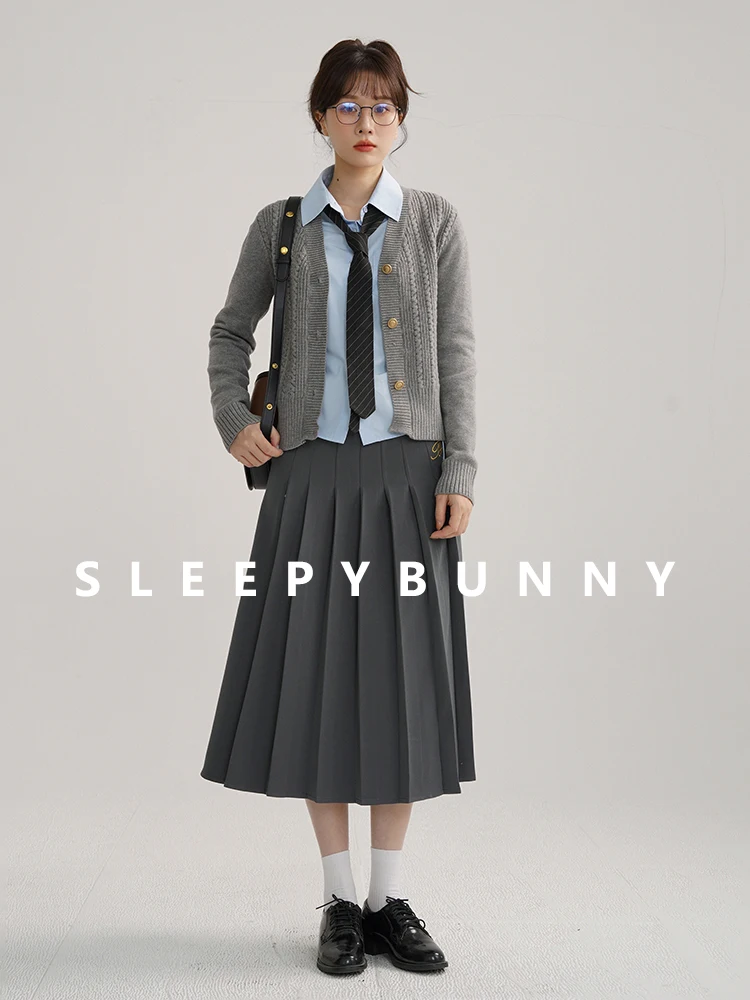 Vintage-Inspired Cable Knit Cardigan and Pleated Skirt Set – Chic Preppy Style with Drawstring Shirt and Embroidered Detailing