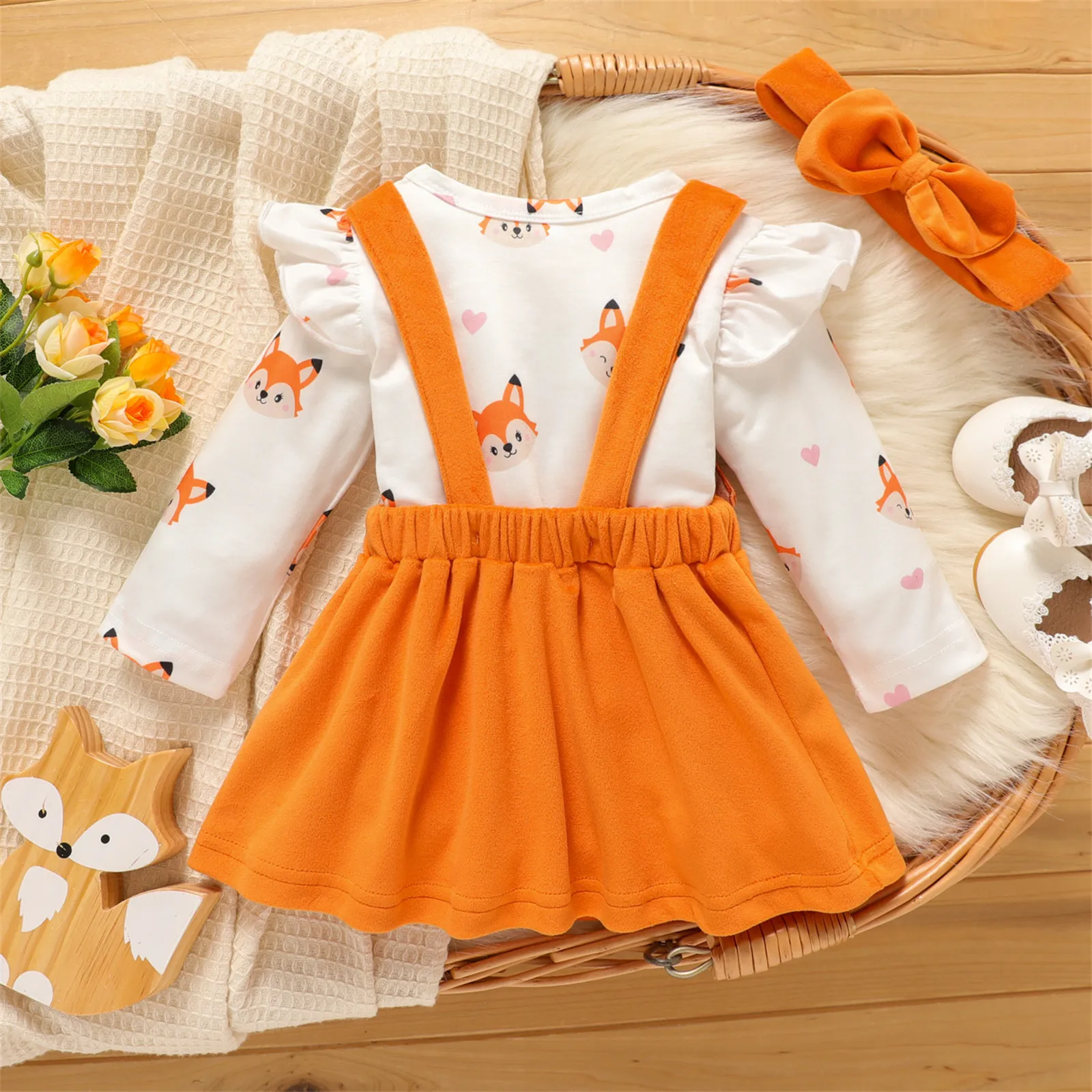 PatPat Newborn Baby Girl Clothes New Born Babies Items Costume 3pcs Fox Print Jumpsuit Romper Overall Dress with Headband Set