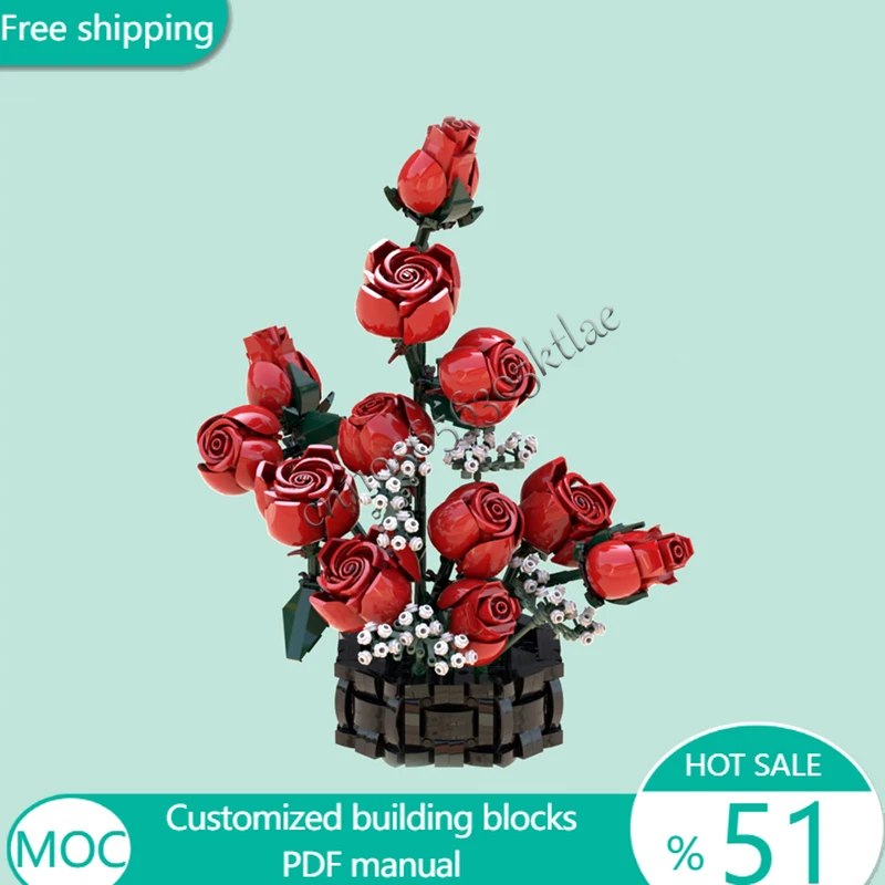 383 PCS Flowers Bouquet Of Roses Pot Arrangement MOC Customize Modular Building Block Popular Kids Model DIY Toy Christmas Gift