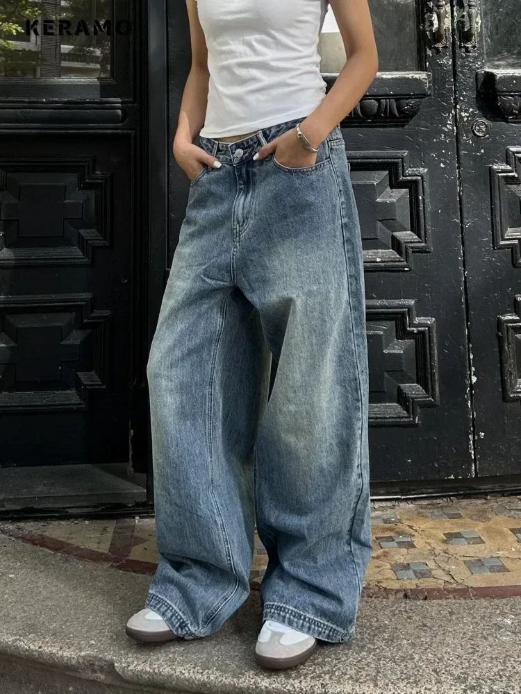 Vintage Ästhetische Emo Lose Gewaschene Hose 2024, Sommer Damen Casual Blau Harajuku Jeans Y2K Breites Bein Punk Baggy Denim Hose