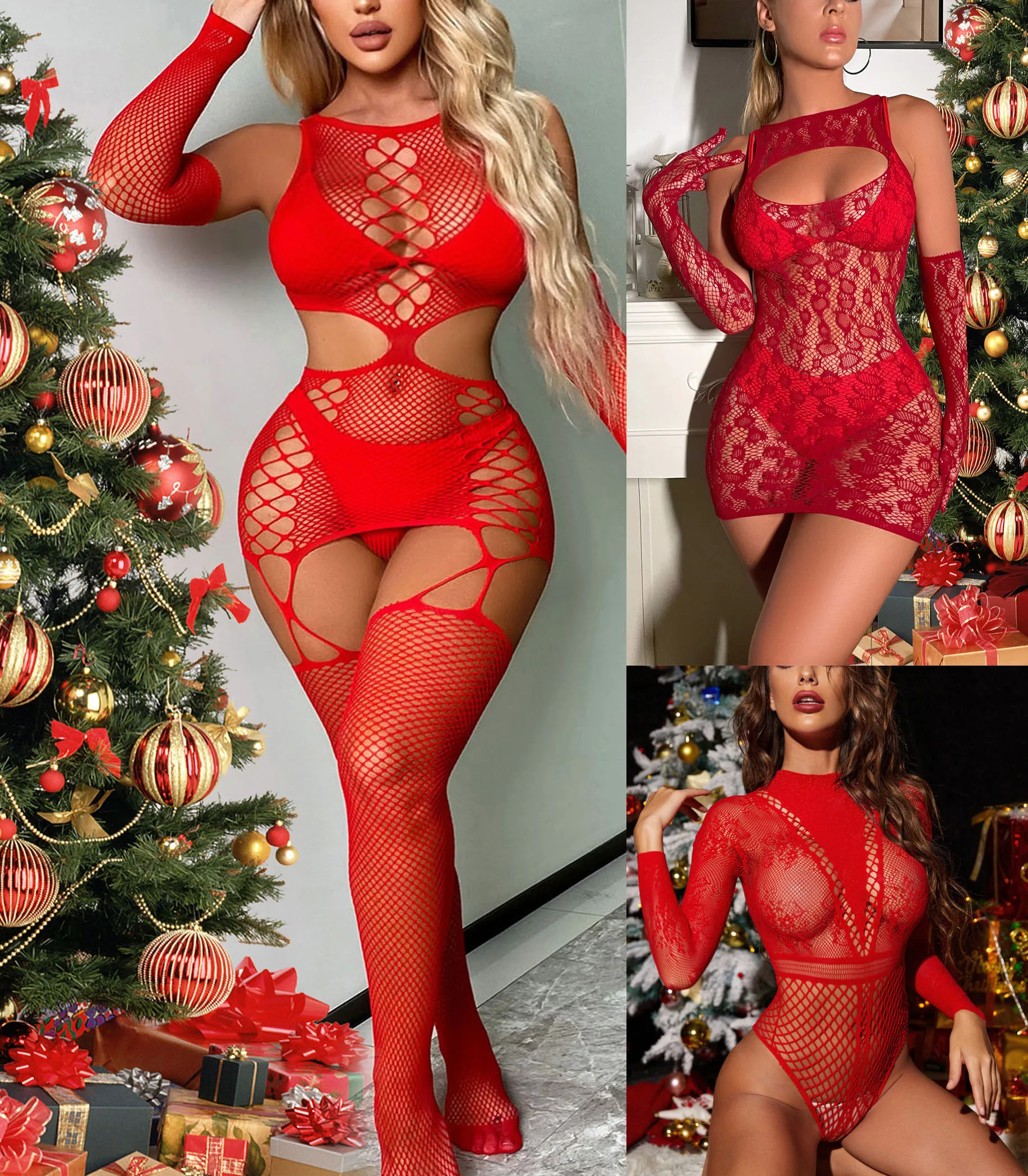 Christmas hot Sexy Hollow Tight jumpsuit Seductive Sleepwear garment Elastic Night Clubwear Nightgown garment Body Stocking red