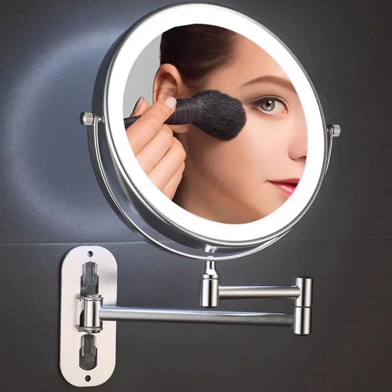Bathroom Foldableing Makeup Mirror Led Punch-Free Wall-Mounted Mirror with Light Hotel Bathroom Retractable Double-Sided Makeup Mirror