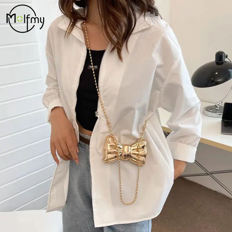 

Women Shoulder Bag Metal Silver Bold Bow Bag Cute Evening Clutch Bag with strap For Wedding Party small Purses Designer Handbags