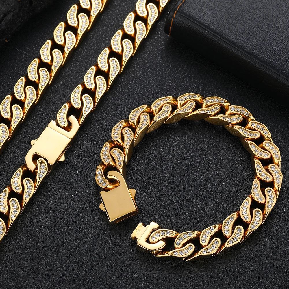 

12mm Cuban Link 18k Gold Color Stainless Steel Bling Zircon Stone Bracelet For Men Hip Hop Jewelry Free Custom Logo