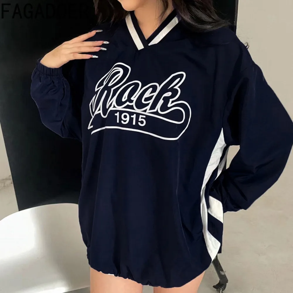 FAGADOER Retro Y2k Letter Print Oversized Sweatshirt Women V-Neck Long Sleeve Drawstring Loose Hoodies Tops Autumn Streetwear