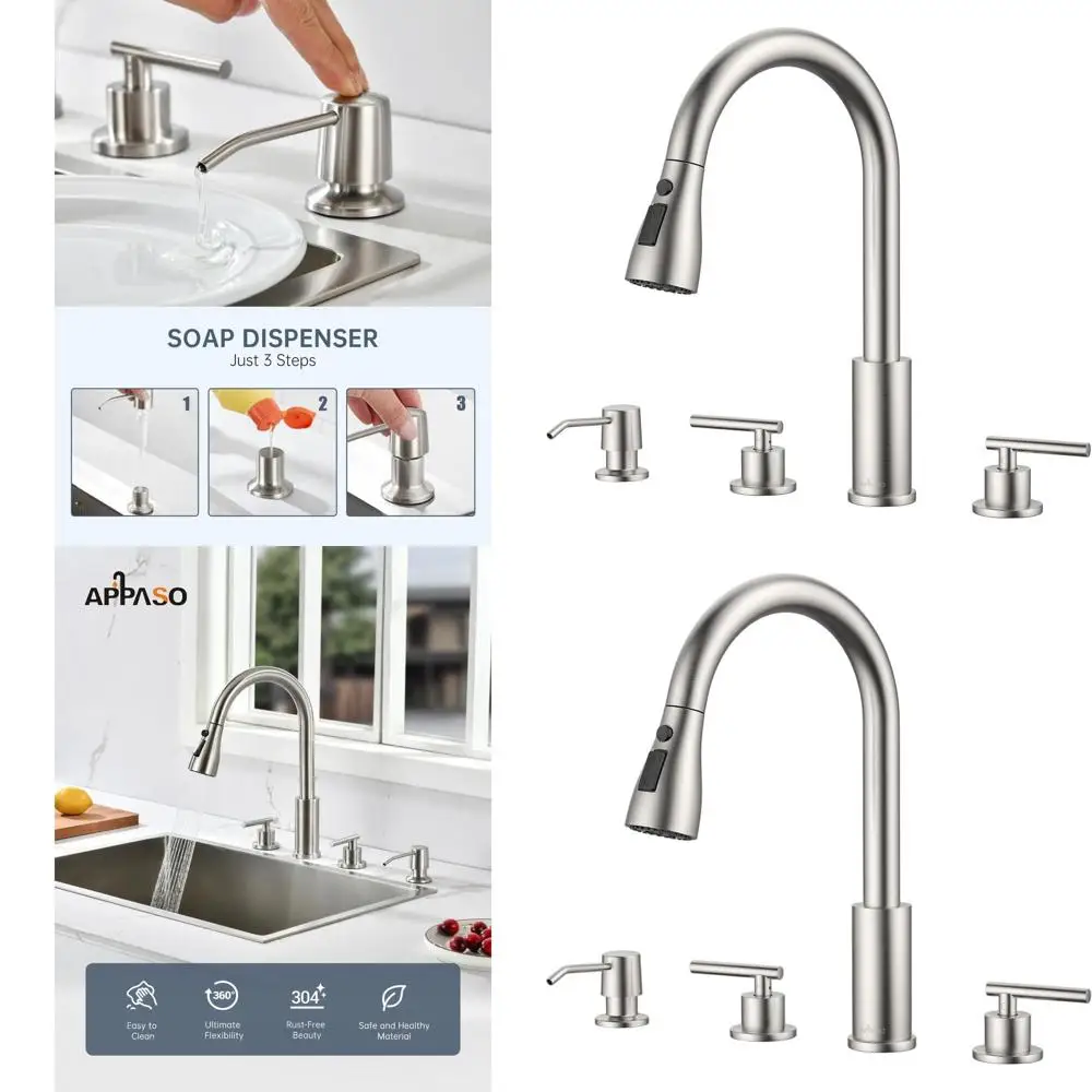 

High-Arc Brushed Nickel 4-Hole Kitchen Sink Faucet with Soap Dispenser and 3-Hole Mount