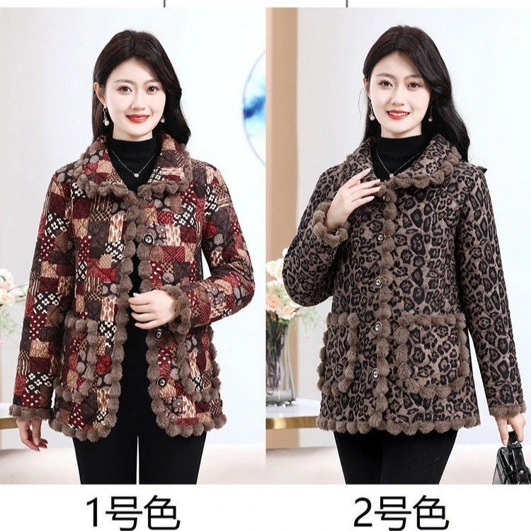 Winter Thicken Parker Coat Fashion Printi Mother Wear Warm Quilted Velvet Jacket Middle-aged Women's Cotton Outwear Parka