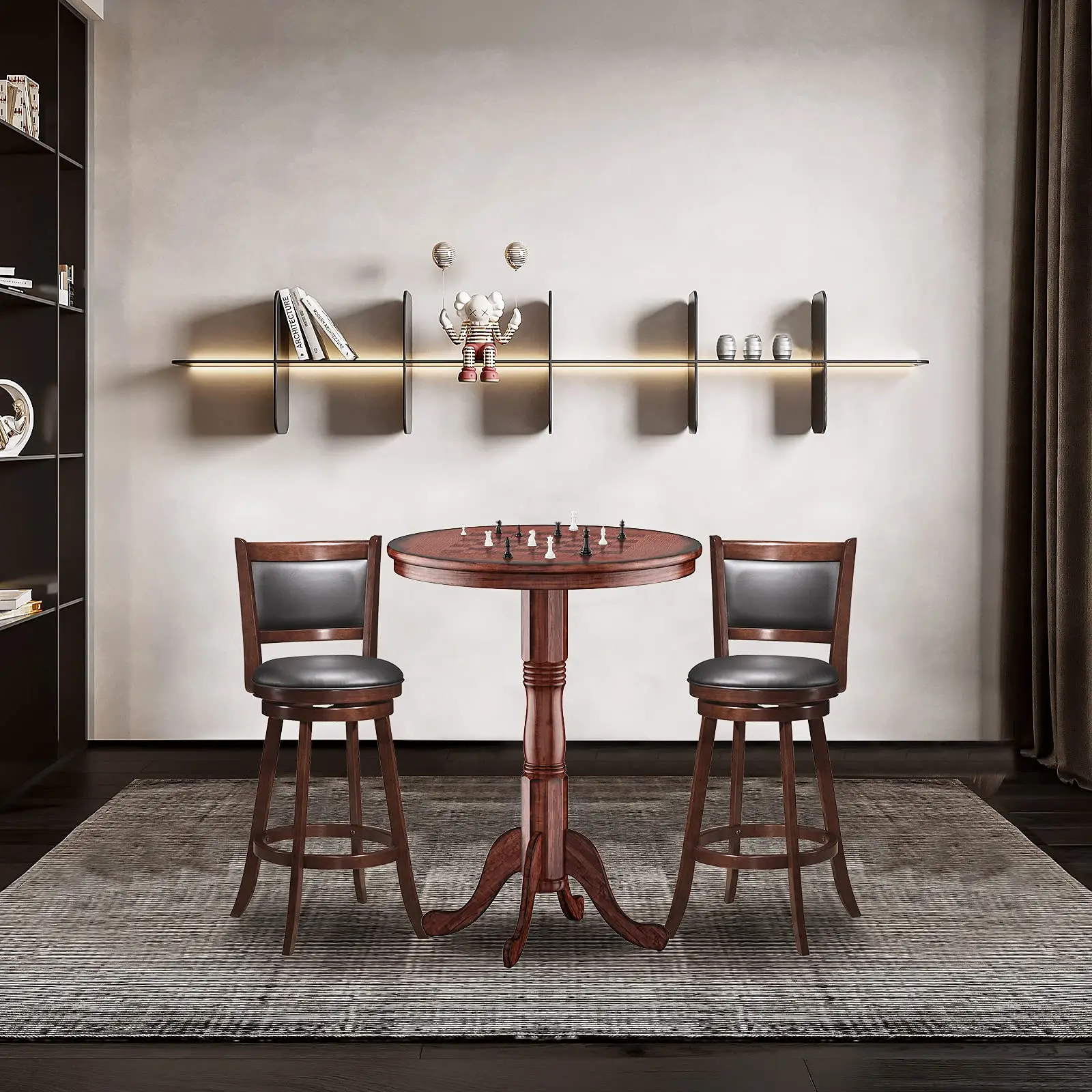 3 Pcs Dining Table Set, Wooden Pub Pedestal Side Table with Stable Base, 360 Degrees Swivel Bar Stool, Round Bar Table