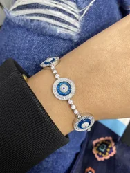 three dots round geometric disk charm blue turkish evil eye tennis bracelet fashion rose gold color bangles