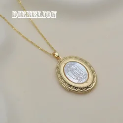 Luxury 18K Gold Plated Natural MOP Shell Oval Medal Religious Virgin Pendant Necklace for Women Can Opened Closed To Hold Photos