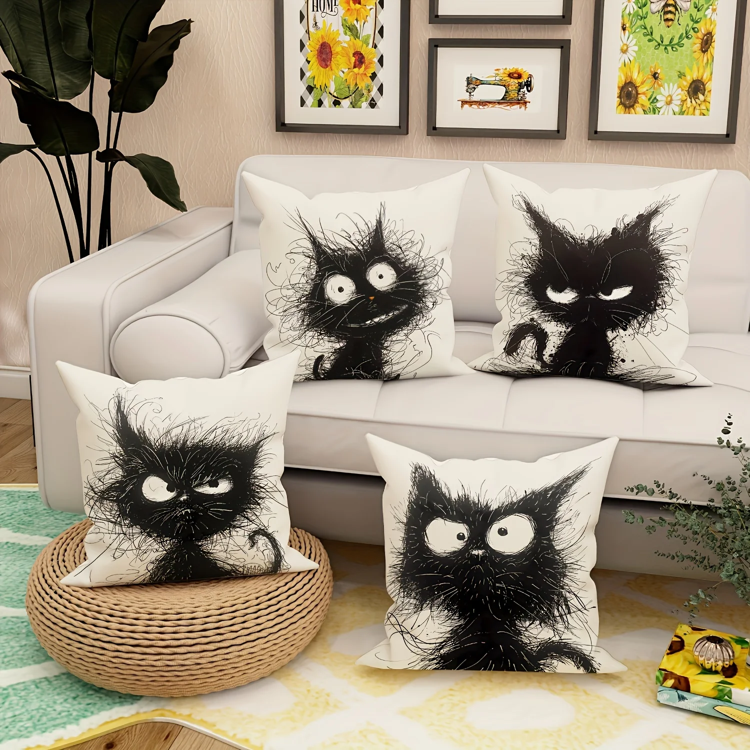 Contemporary Style Throw Pillow Covers with Whimsical Cat Design,Machine Washable for Various Room Decor, 18x18 inches