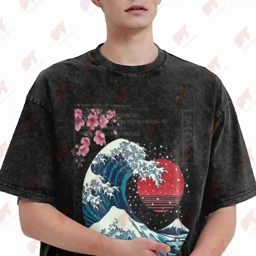 Japanese Tokyo Island Sunset Cherry Blossom Red Sun Vintage Washed Tee Pure Cotton T-Shirt
